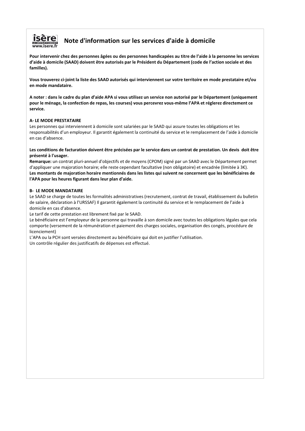 Note D'information Sur Les Services D'aide À Domicile