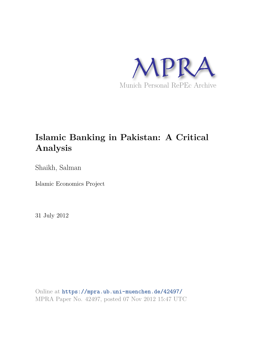 Islamic Banking in Pakistan: a Critical Analysis