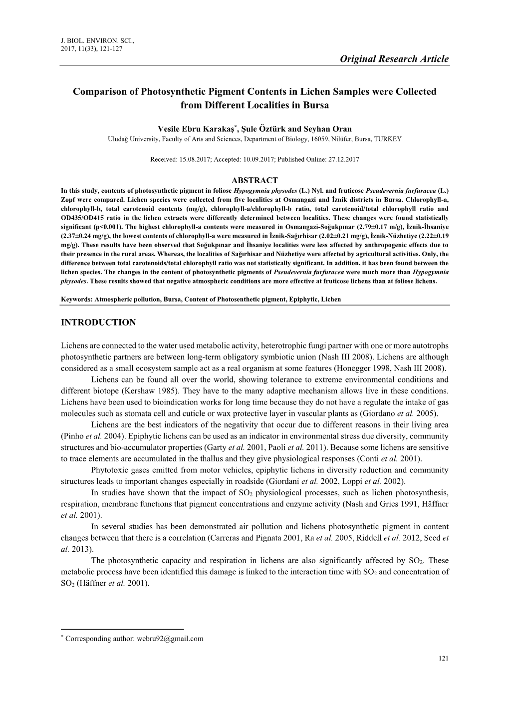 Original Research Article Comparison of Photosynthetic Pigment Contents