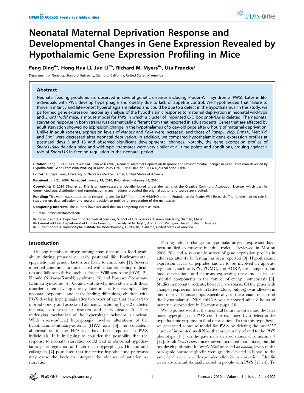 Neonatal Maternal Deprivation Response and Developmental Changes in Gene Expression Revealed by Hypothalamic Gene Expression Profiling in Mice