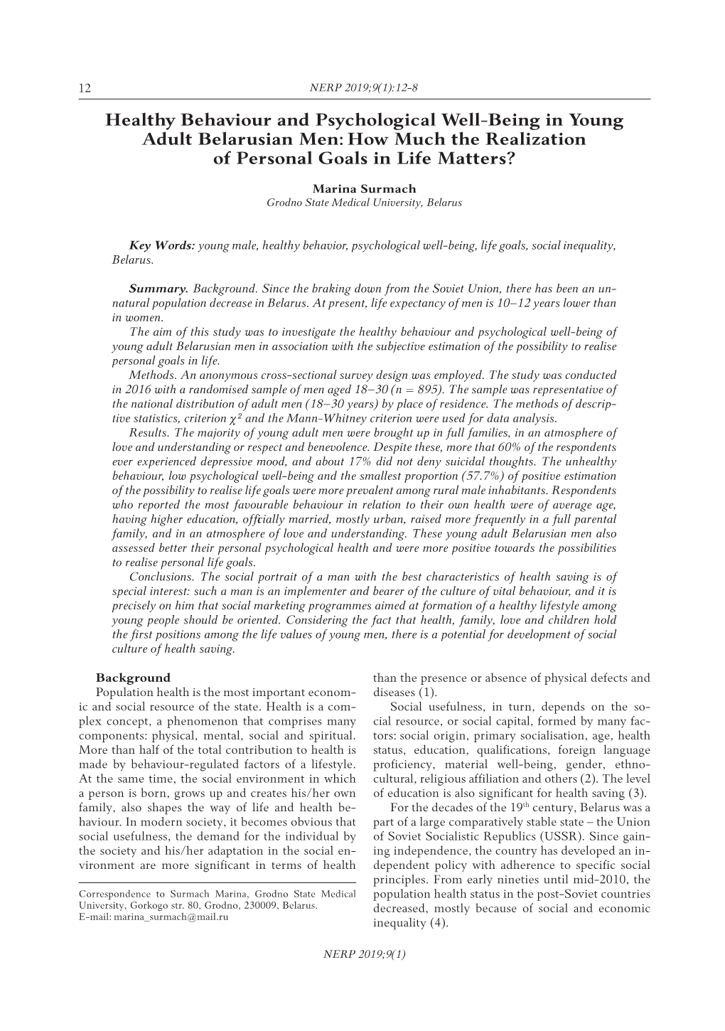 Healthy Behaviour and Psychological Well-Being in Young Adult Belarusian Men: How Much the Realization of Personal Goals in Life Matters?