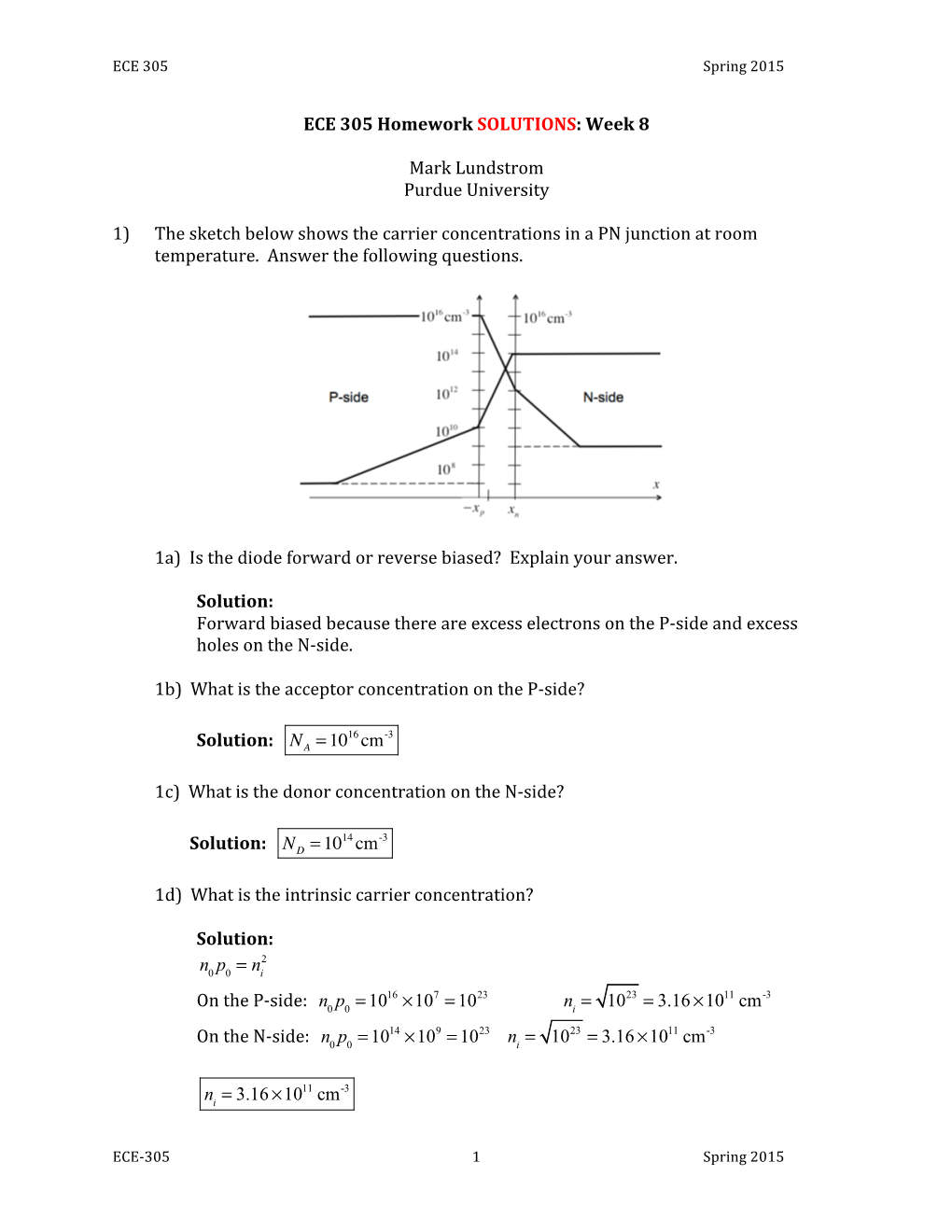 1 ECE 305 Homework SOLUTIONS: Week 8 Mark Lundstrom Purdue