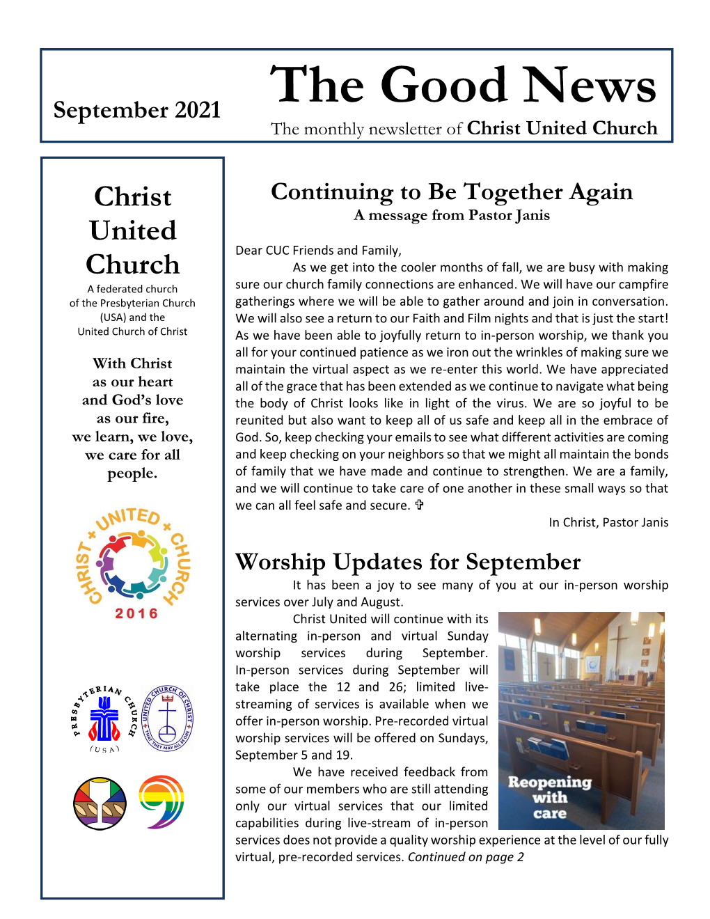 The Good News the Monthly Newsletter of Christ United Church