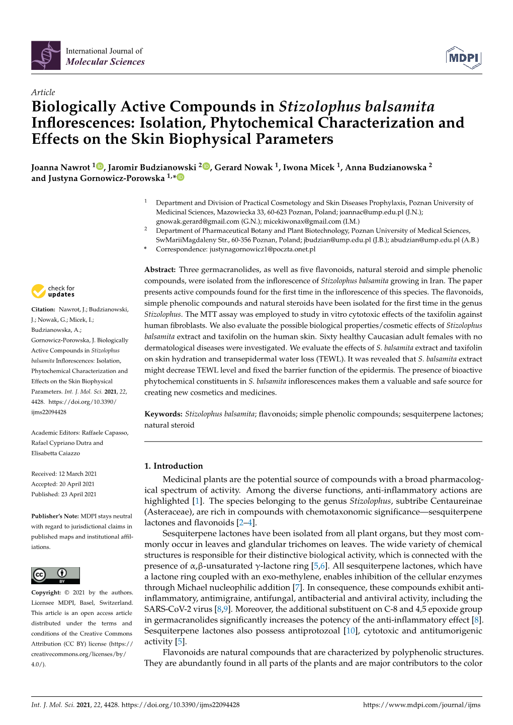 Biologically Active Compounds in Stizolophus Balsamita Inflorescences