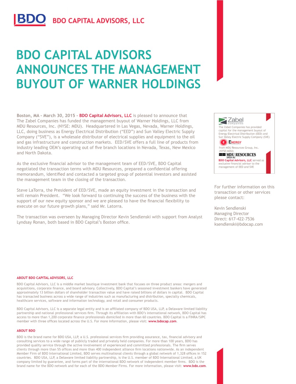 Bdo Capital Advisors Announces the Management Buyout of Warner Holdings