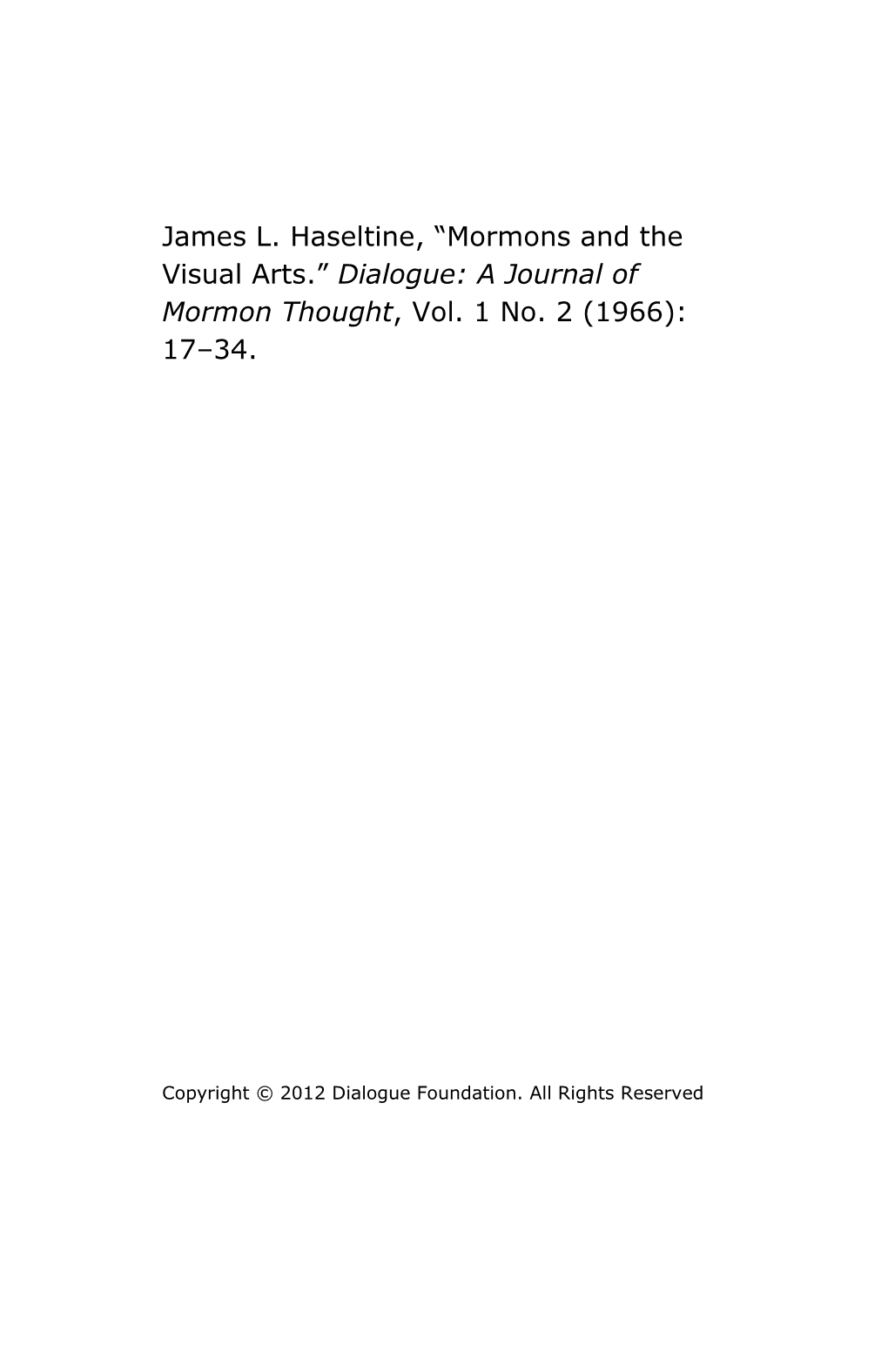 Mormons and the Visual Arts.” Dialogue: a Journal of Mormon Thought, Vol