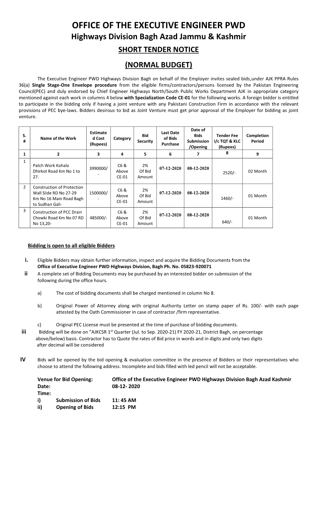 OFFICE of the EXECUTIVE ENGINEER PWD Highways Division Bagh Azad Jammu & Kashmir