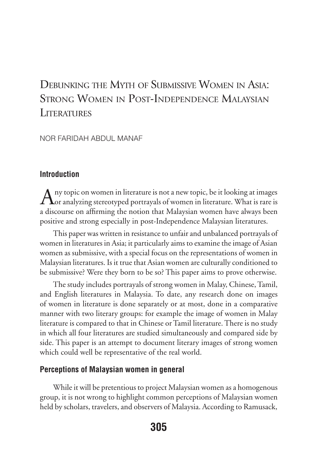 Debunking the Myth of Submissive Women in Asia: Strong Women in Post-Independence Malaysian Literatures