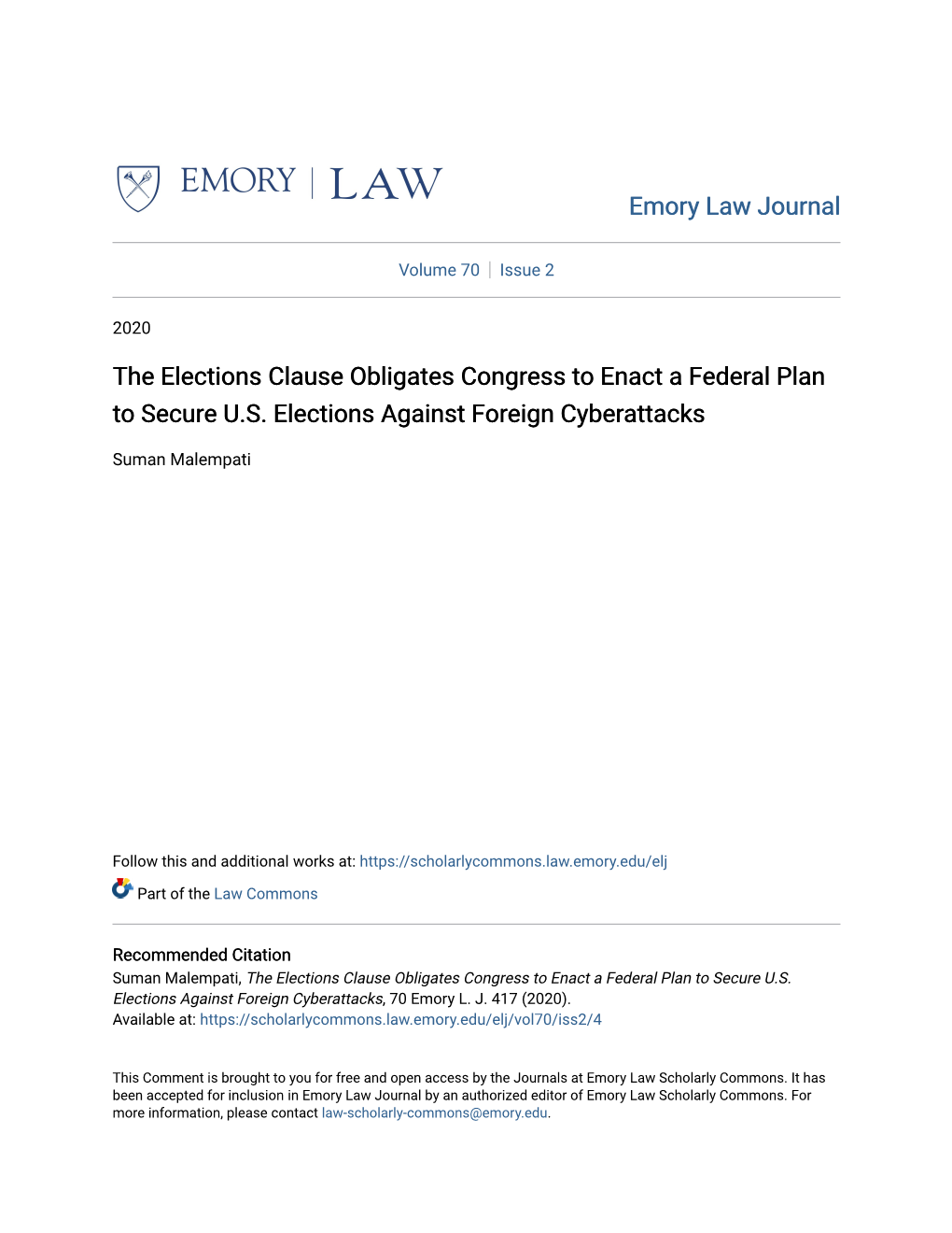 The Elections Clause Obligates Congress to Enact a Federal Plan to Secure U.S