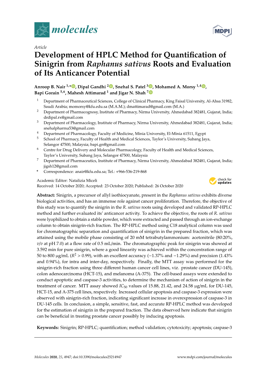 Development of HPLC Method for Quantification of Sinigrin