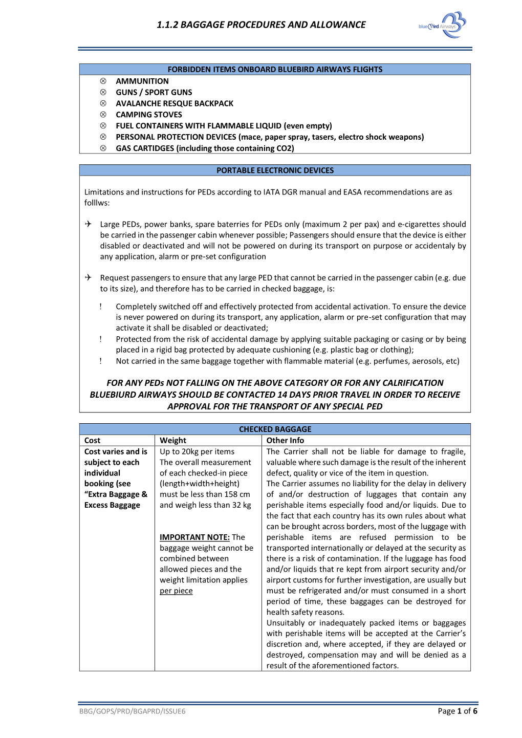 1.1.2 Baggage Procedures and Allowance