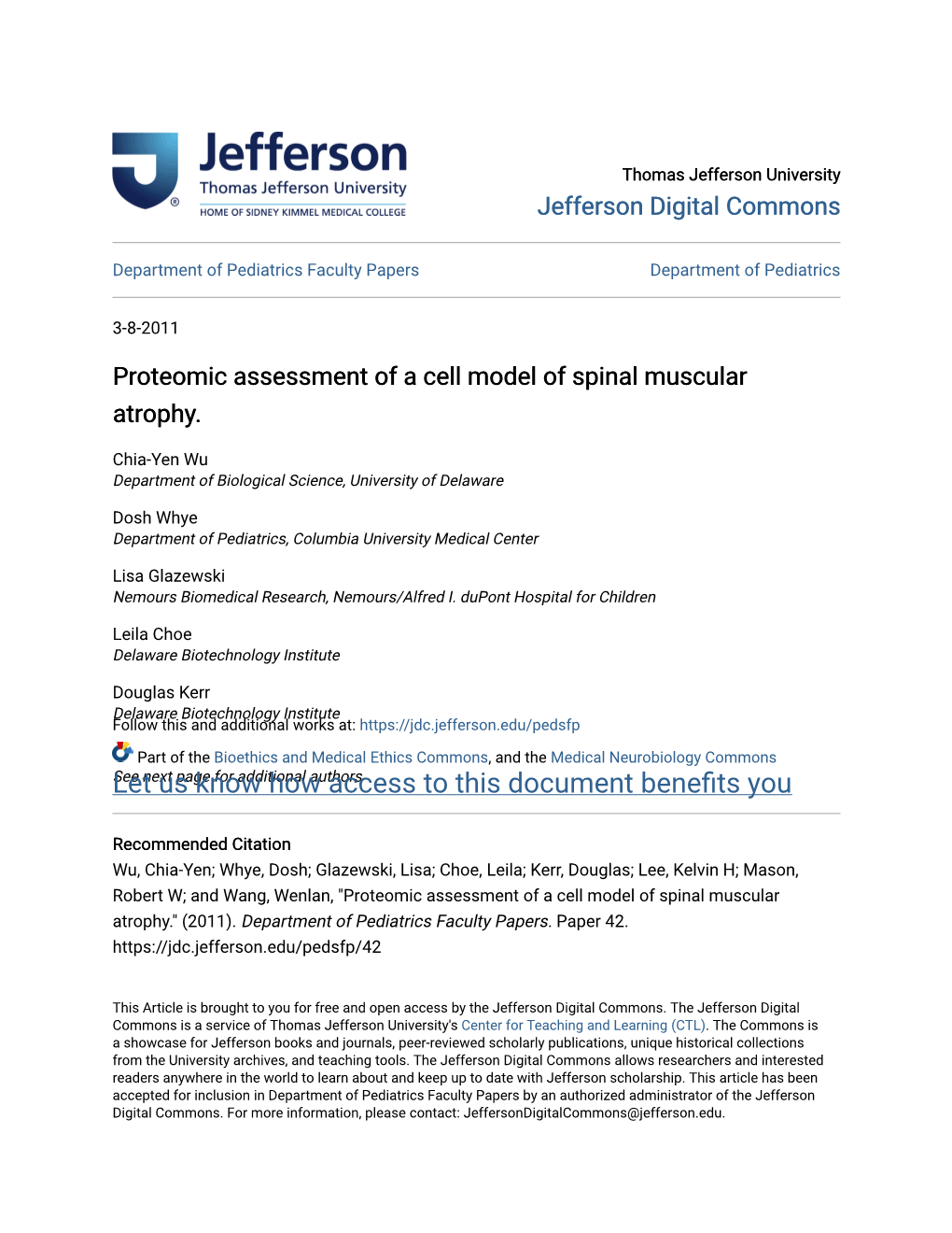 Proteomic Assessment of a Cell Model of Spinal Muscular Atrophy