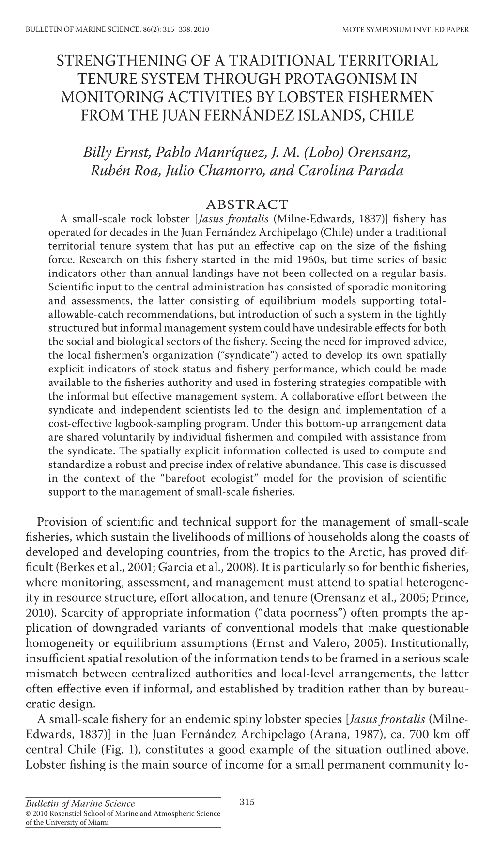 Strengthening of a Traditional Territorial Tenure System Through Protagonism in Monitoring Activities by Lobster Fishermen from the Juan Fernández Islands, Chile