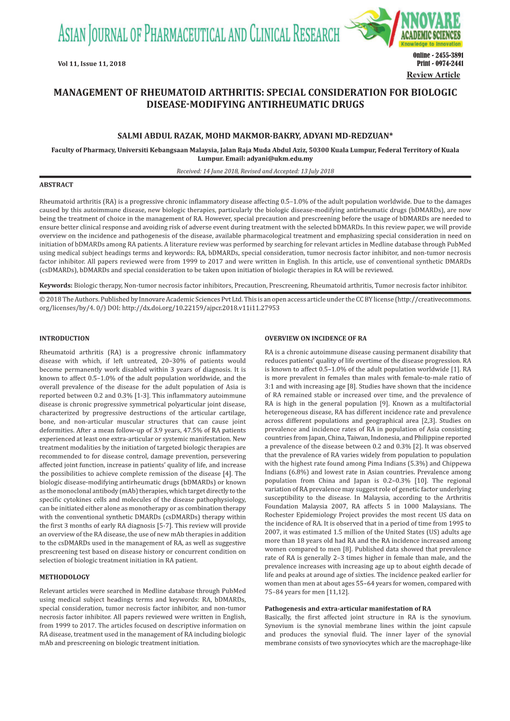 Management of Rheumatoid Arthritis: Special Consideration for Biologic Disease-Modifying Antirheumatic Drugs