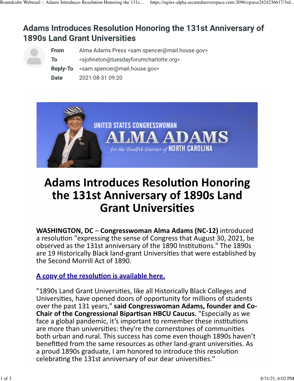 Adams Introduces Resolution Honoring the 131St Anniversary Of