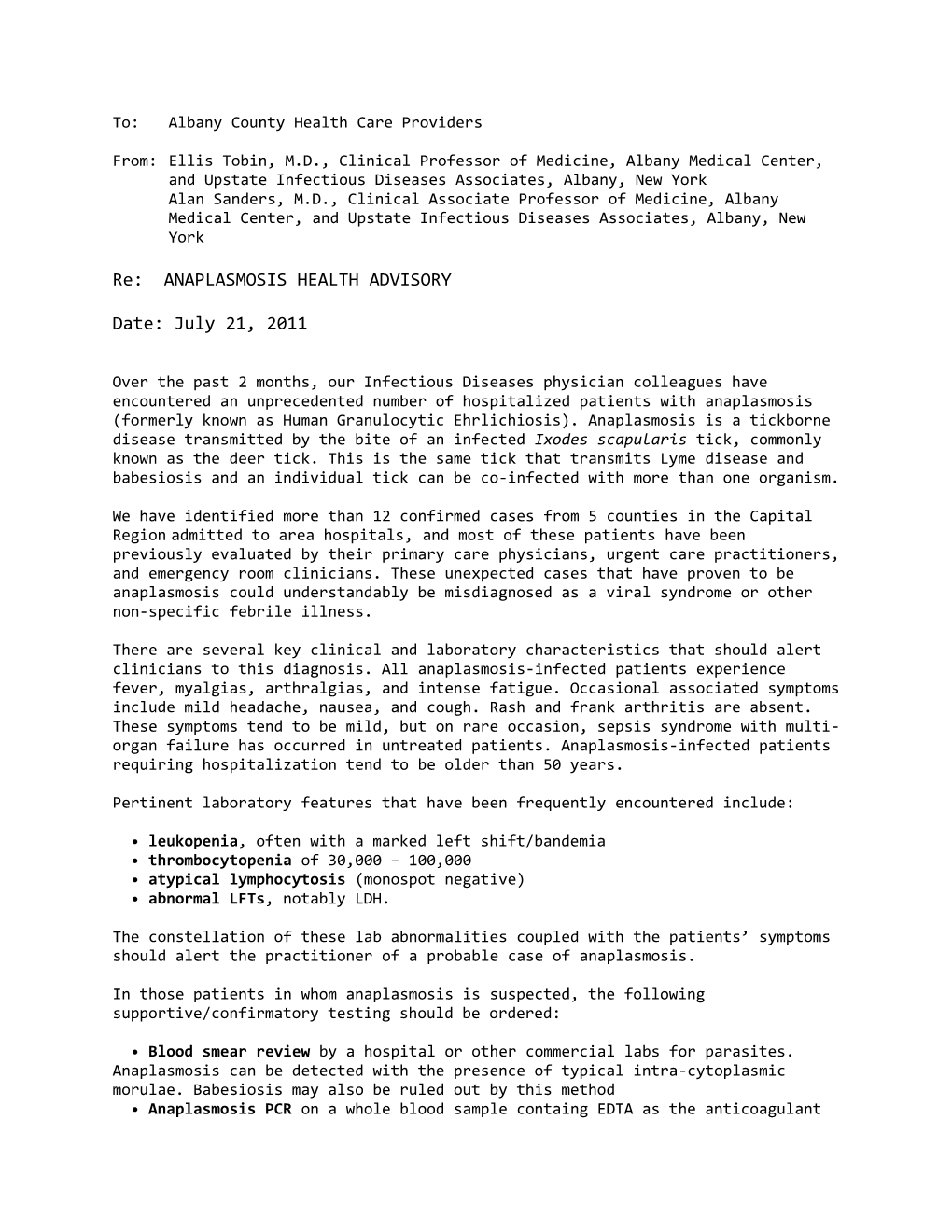 ANAPLASMOSIS HEALTH ADVISORY Date