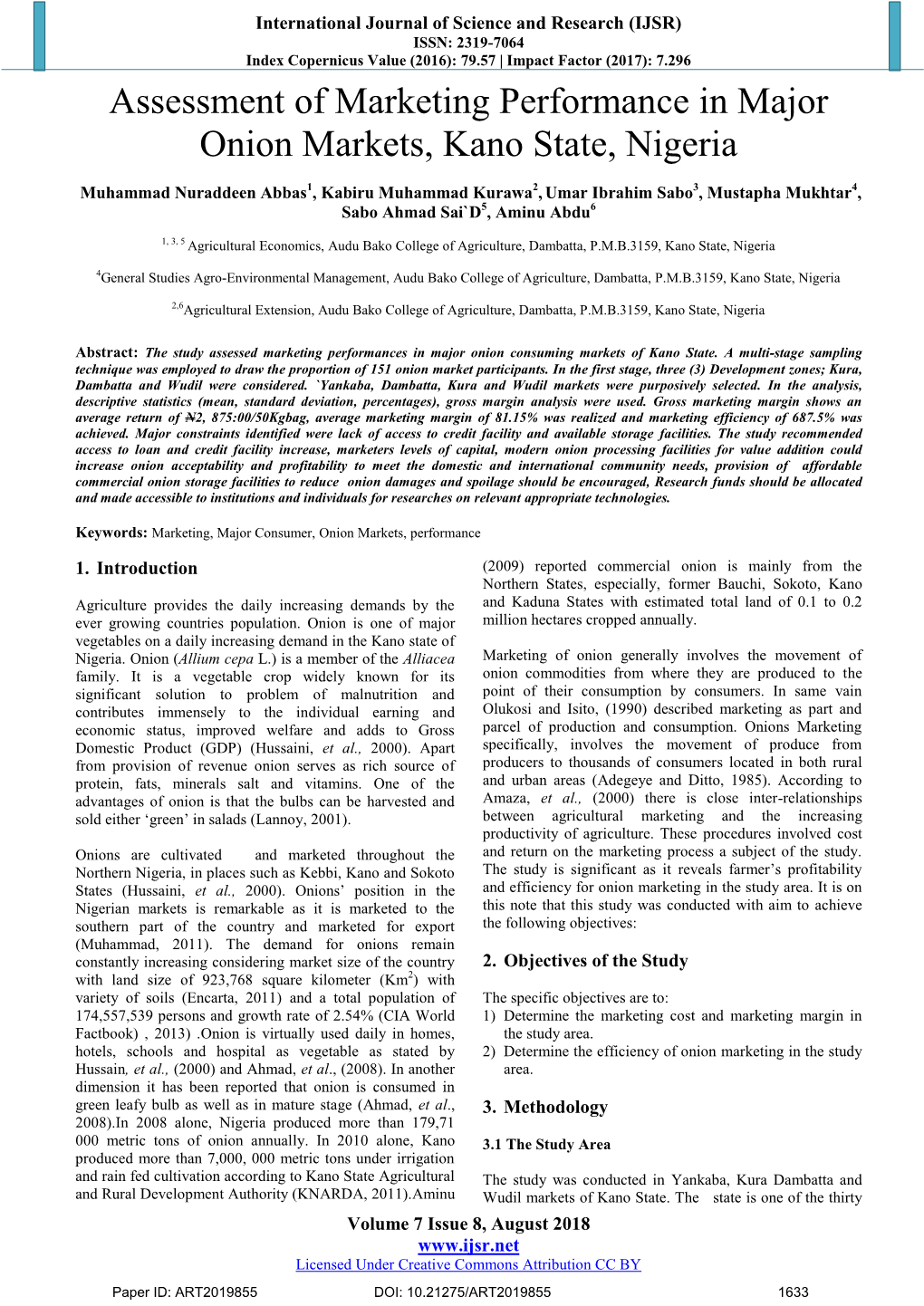 Assessment of Marketing Performance in Major Onion Markets, Kano State, Nigeria