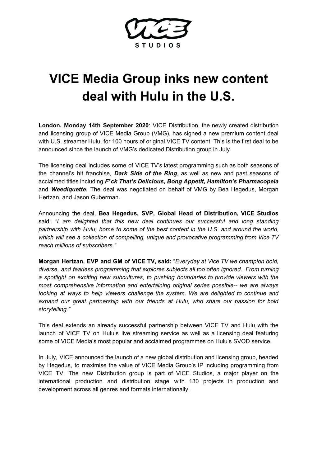 VICE Media Group Inks New Content Deal with Hulu in the U.S