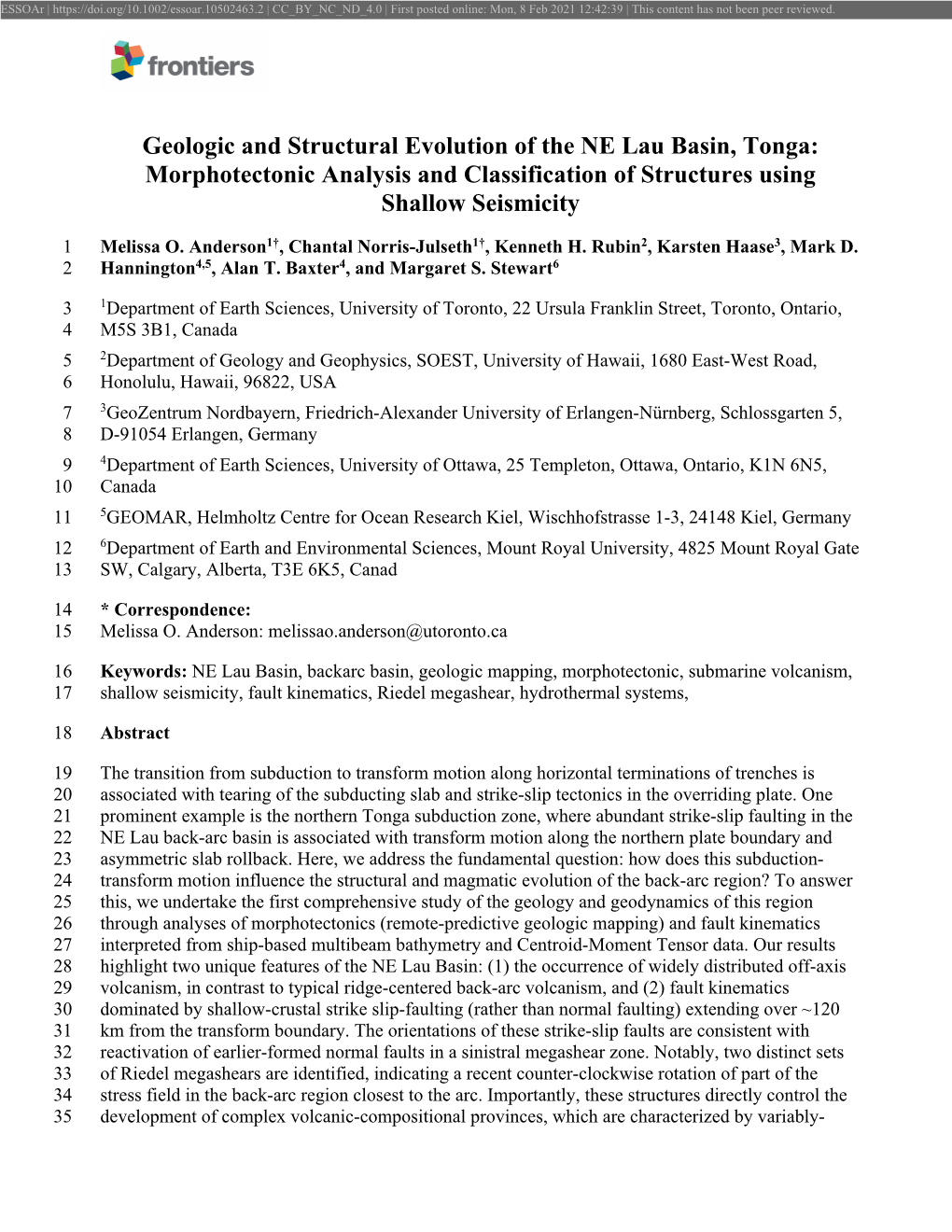 Geologic and Structural Evolution of the NE Lau Basin, Tonga: Morphotectonic Analysis and Classification of Structures Using Shallow Seismicity