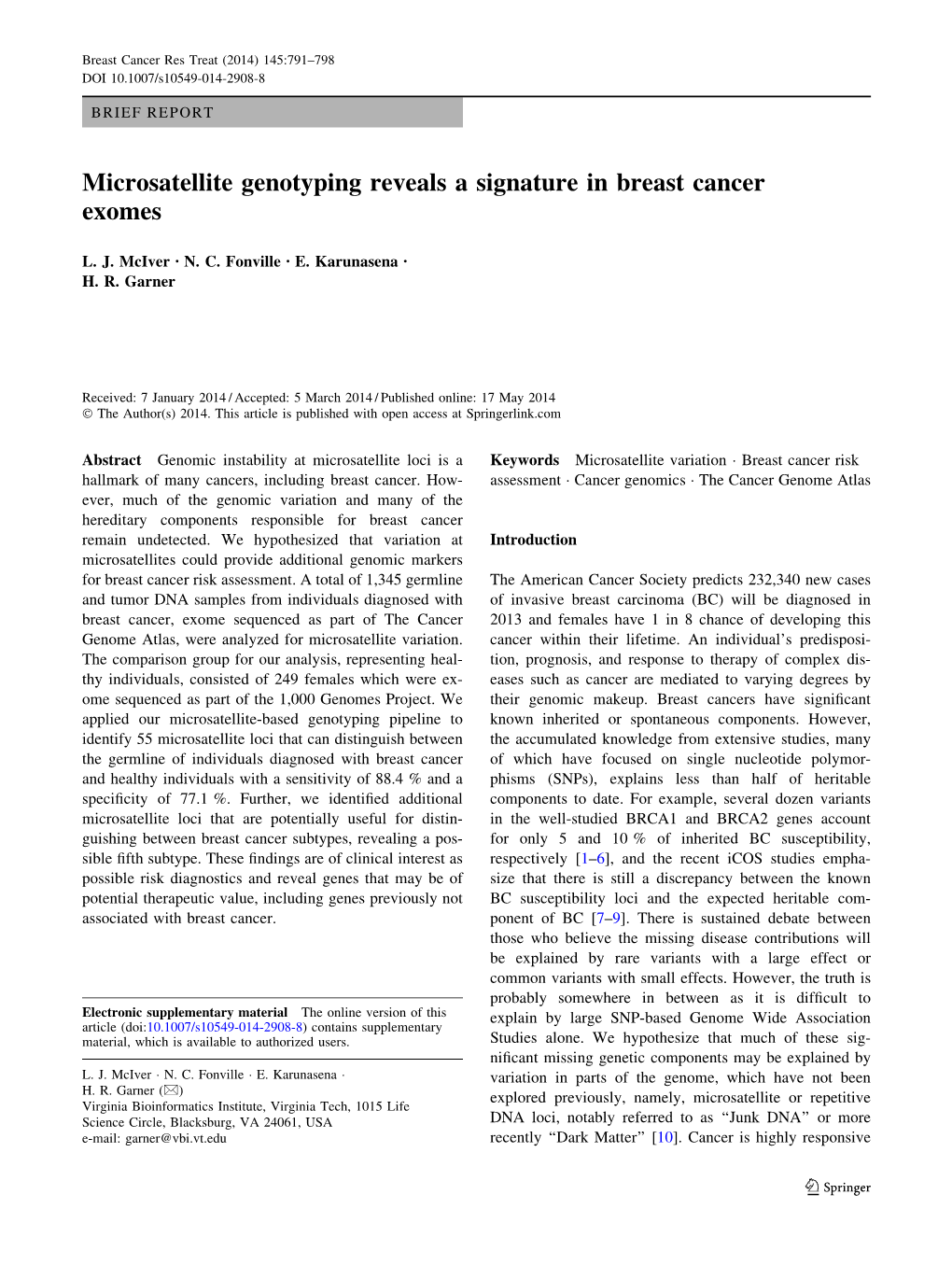 Microsatellite Genotyping Reveals a Signature in Breast Cancer Exomes