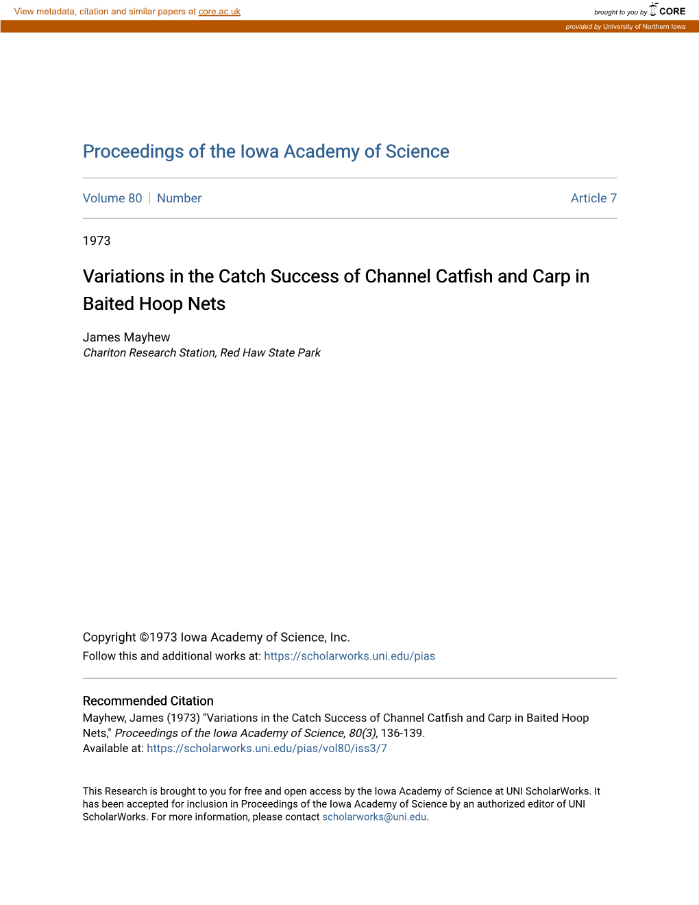 Variations in the Catch Success of Channel Catfish and Carp in Baited Hoop Nets