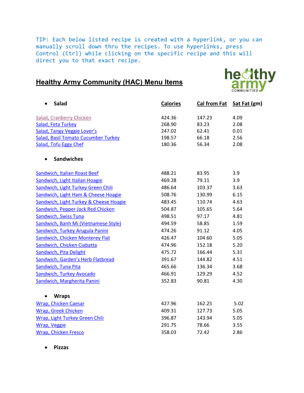 Healthy Army Community (HAC) Menu Items