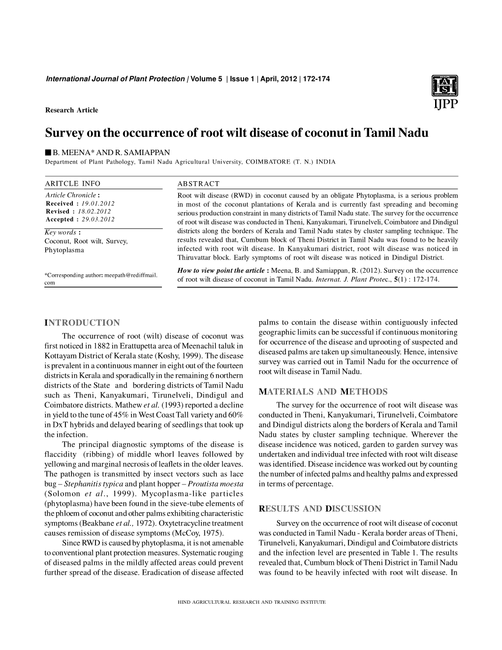 Survey on the Occurrence of Root Wilt Disease of Coconut in Tamil Nadu