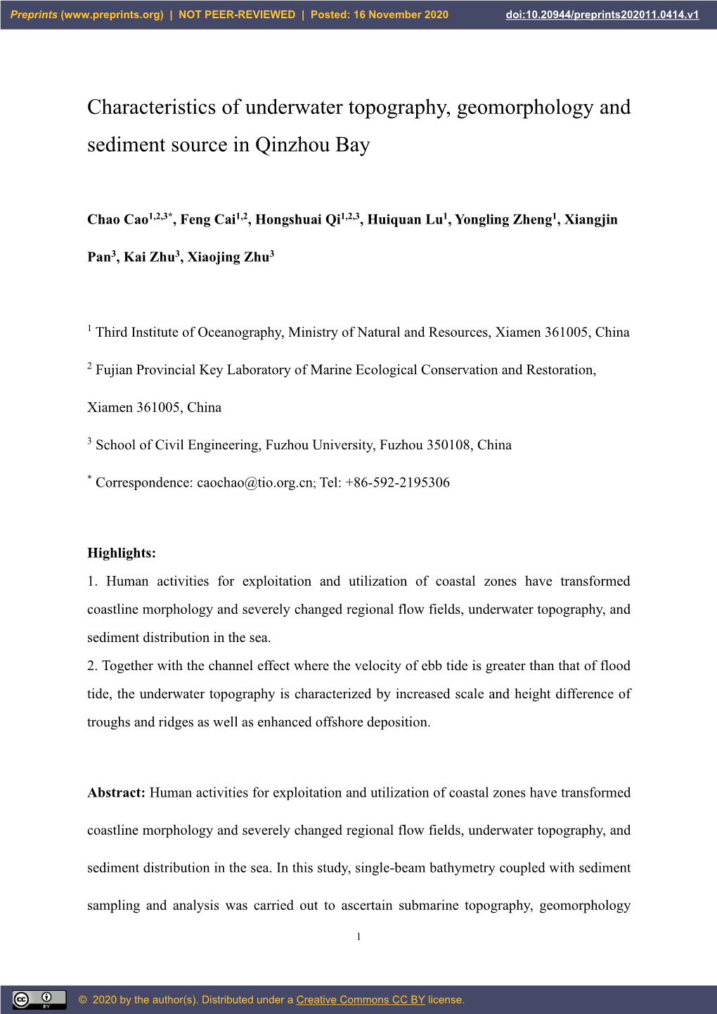 Characteristics of Underwater Topography, Geomorphology and Sediment Source in Qinzhou Bay