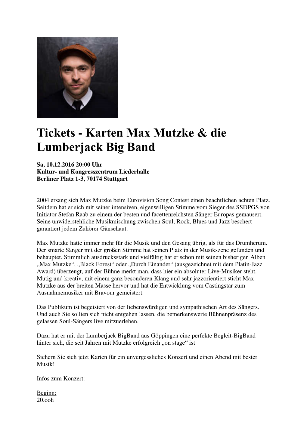 Tickets - Karten Max Mutzke & Die Lumberjack Big Band