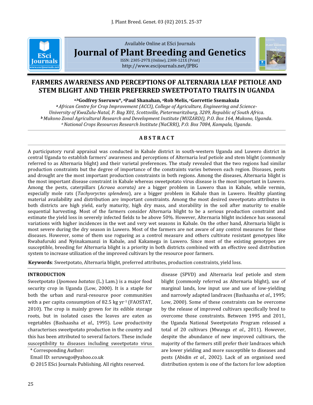 Farmers' Awareness and Perceptions of Alternaria