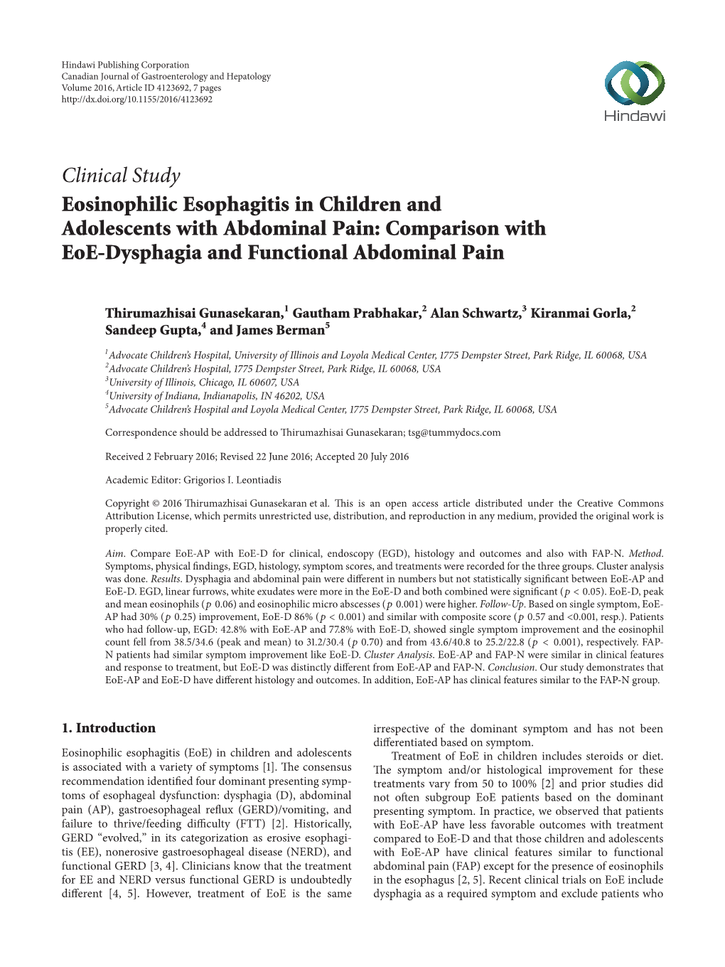 Eosinophilic Esophagitis in Children and Adolescents with Abdominal Pain: Comparison with Eoe-Dysphagia and Functional Abdominal Pain