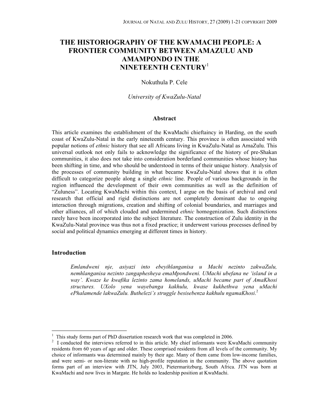 The Historiography of the Kwamachi People: a Frontier Community Between Amazulu and Amampondo in the Nineteenth Century1