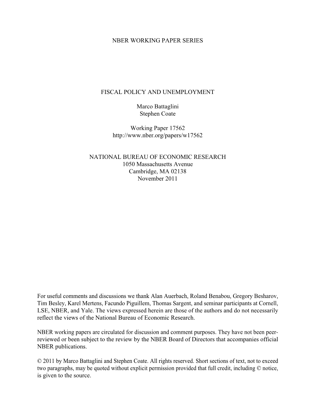 Nber Working Paper Series Fiscal Policy And