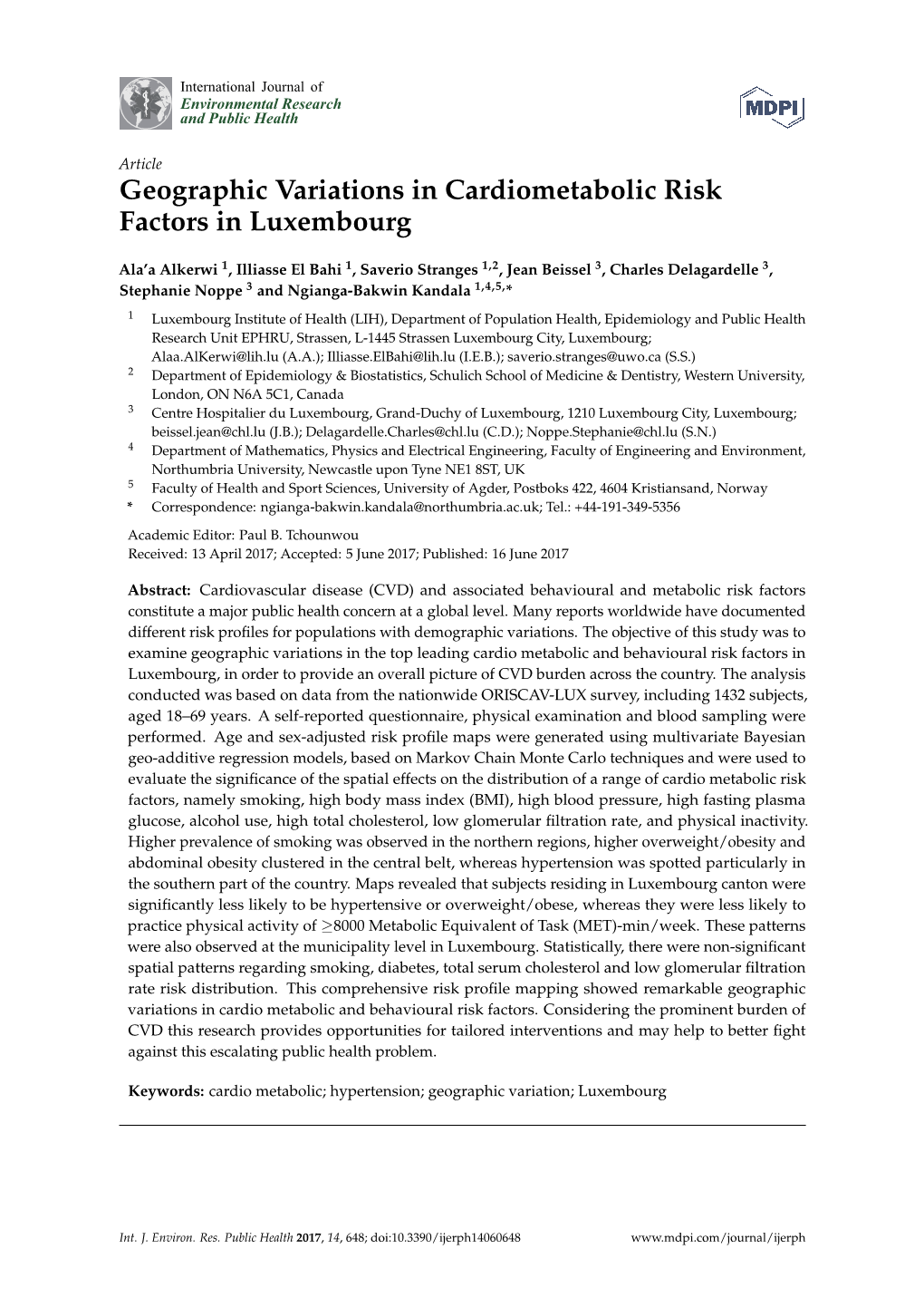 Geographic Variations in Cardiometabolic Risk Factors in Luxembourg