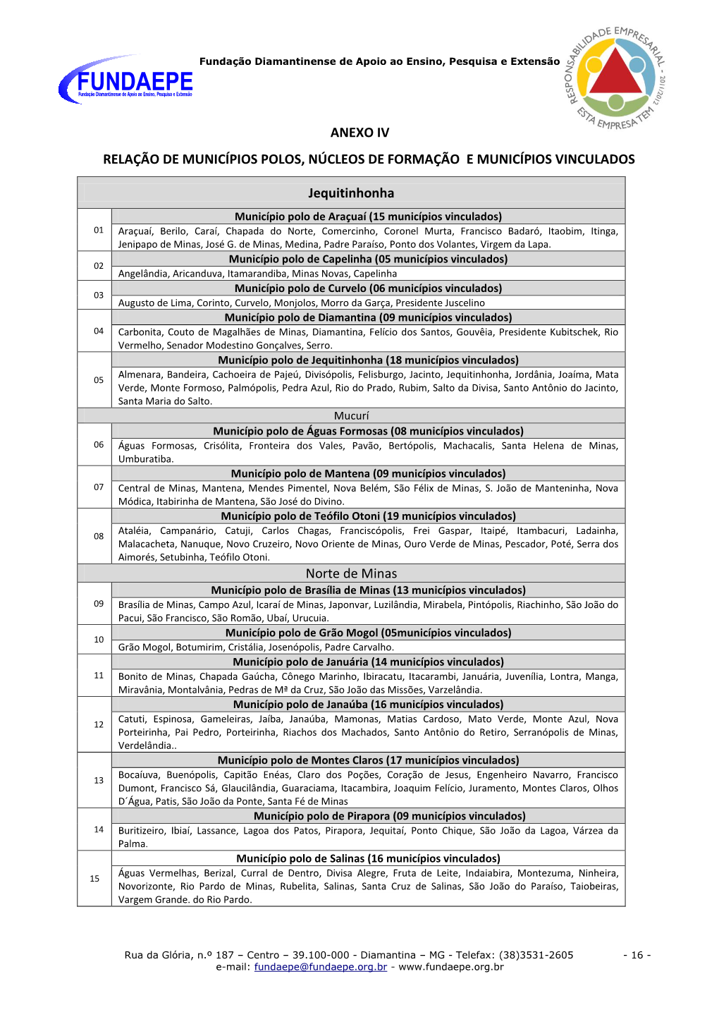 Anexo Iv Relação De Municípios Polos, Núcleos De Formação E Municípios Vinculados