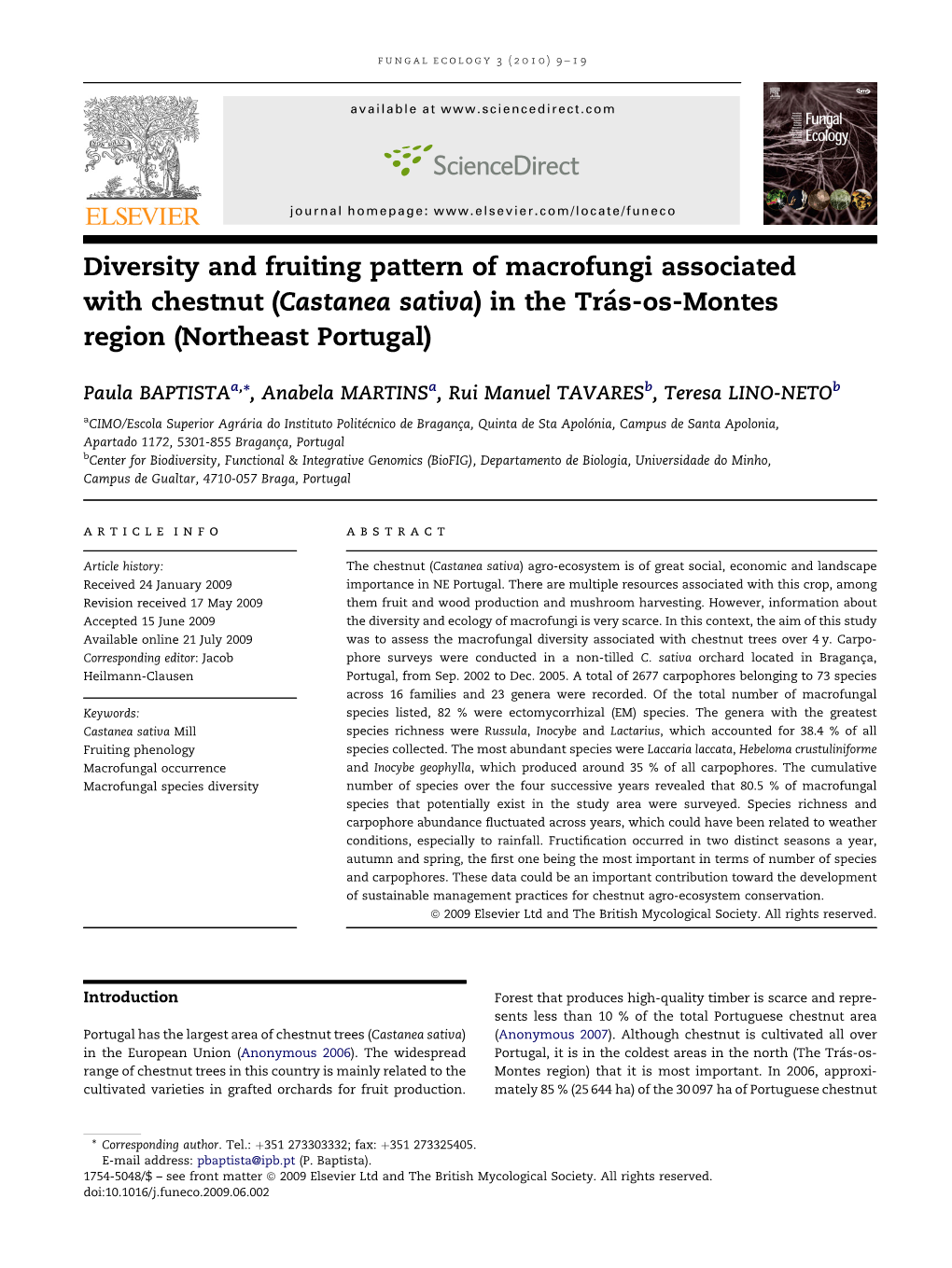 Diversity and Fruiting Pattern of Macrofungi Associated with Chestnut (Castanea Sativa) in the Tra´S-Os-Montes Region (Northeast Portugal)