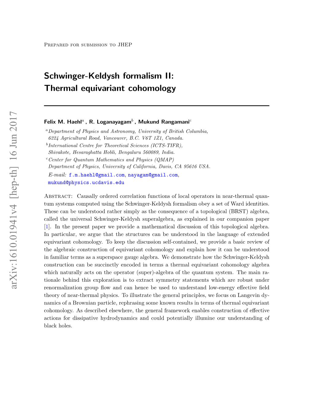 Arxiv:1610.01941V4 [Hep-Th] 16 Jun 2017 Renormalization Group ﬂow and Can Hence Be Used to Understand Low-Energy Eﬀective ﬁeld Theory of Near-Thermal Physics