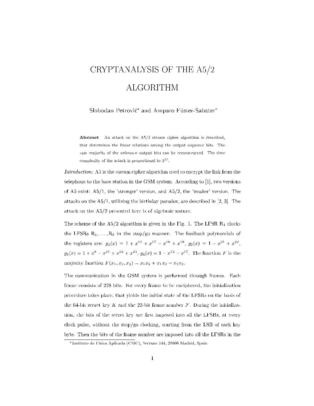 Cryptanalysis of the A5 2 Algorithm