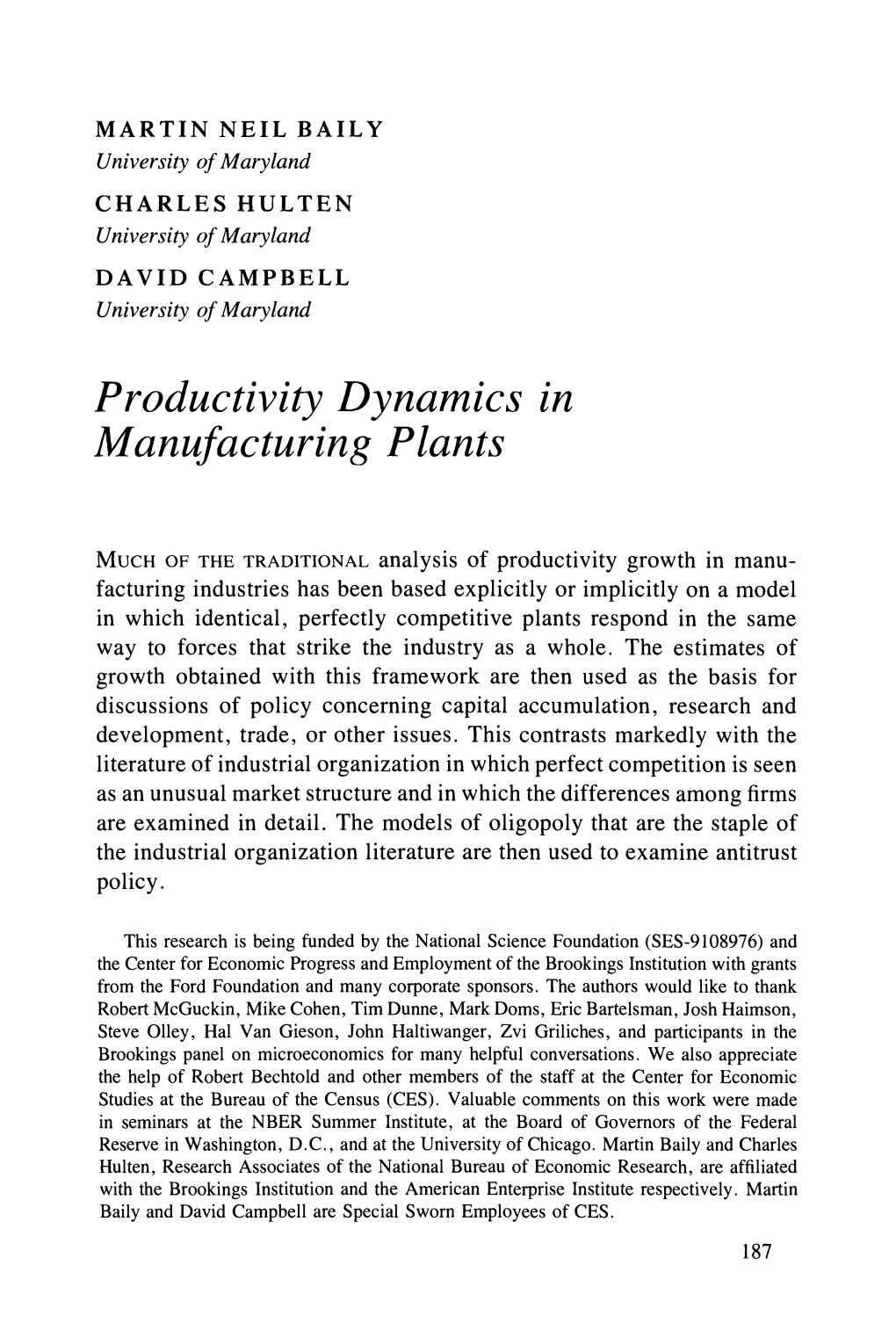 Productivity Dynamics in Manufacturing Plants