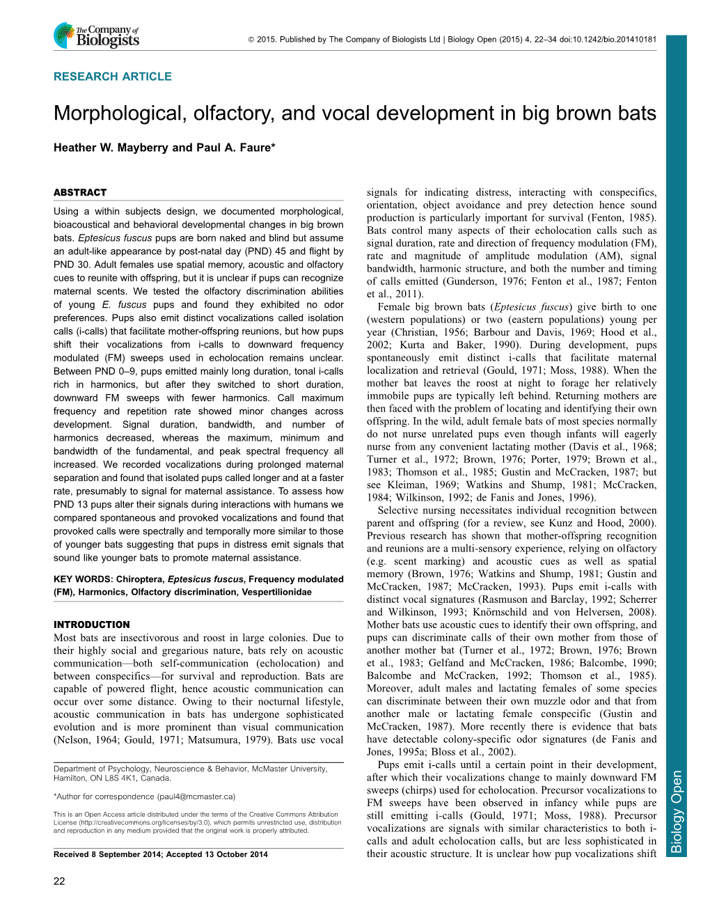 Morphological, Olfactory, and Vocal Development in Big Brown Bats