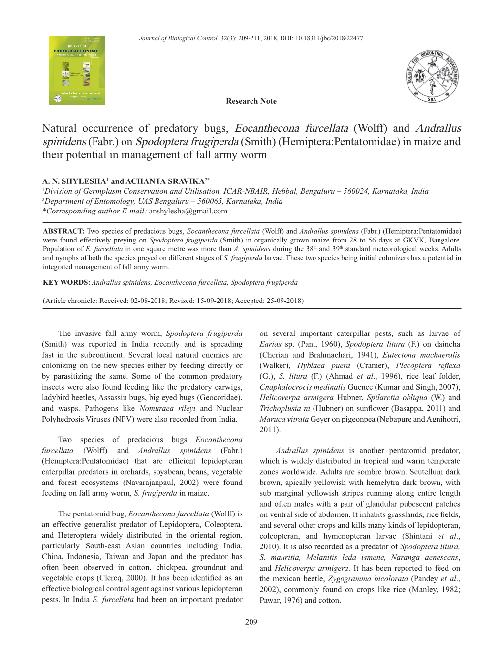 Natural Occurrence of Predatory Bugs, Eocanthecona Furcellata (Wolff) and Andrallus Spinidens (Fabr.) on Spodoptera Frugiperda (