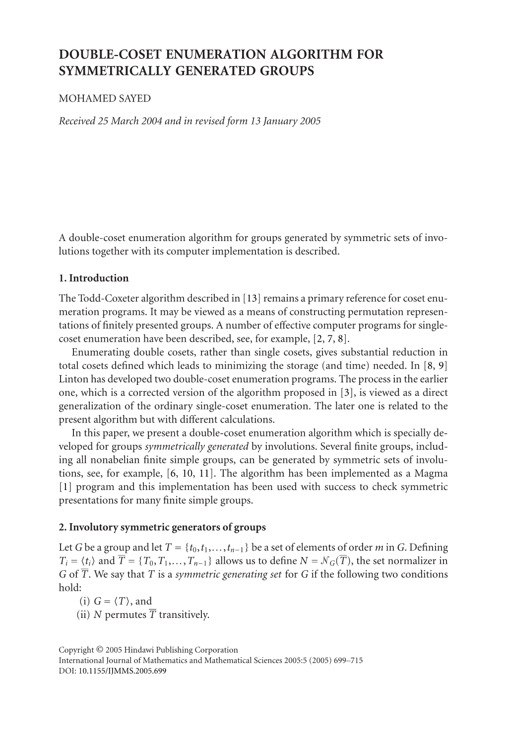 Double-Coset Enumeration Algorithm for Symmetrically Generated Groups