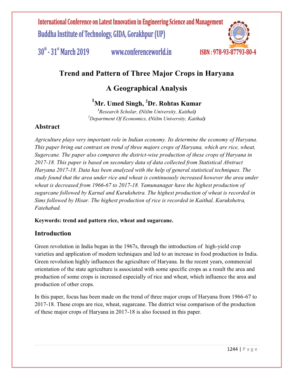 Trend and Pattern of Three Major Crops in Haryana a Geographical Analysis