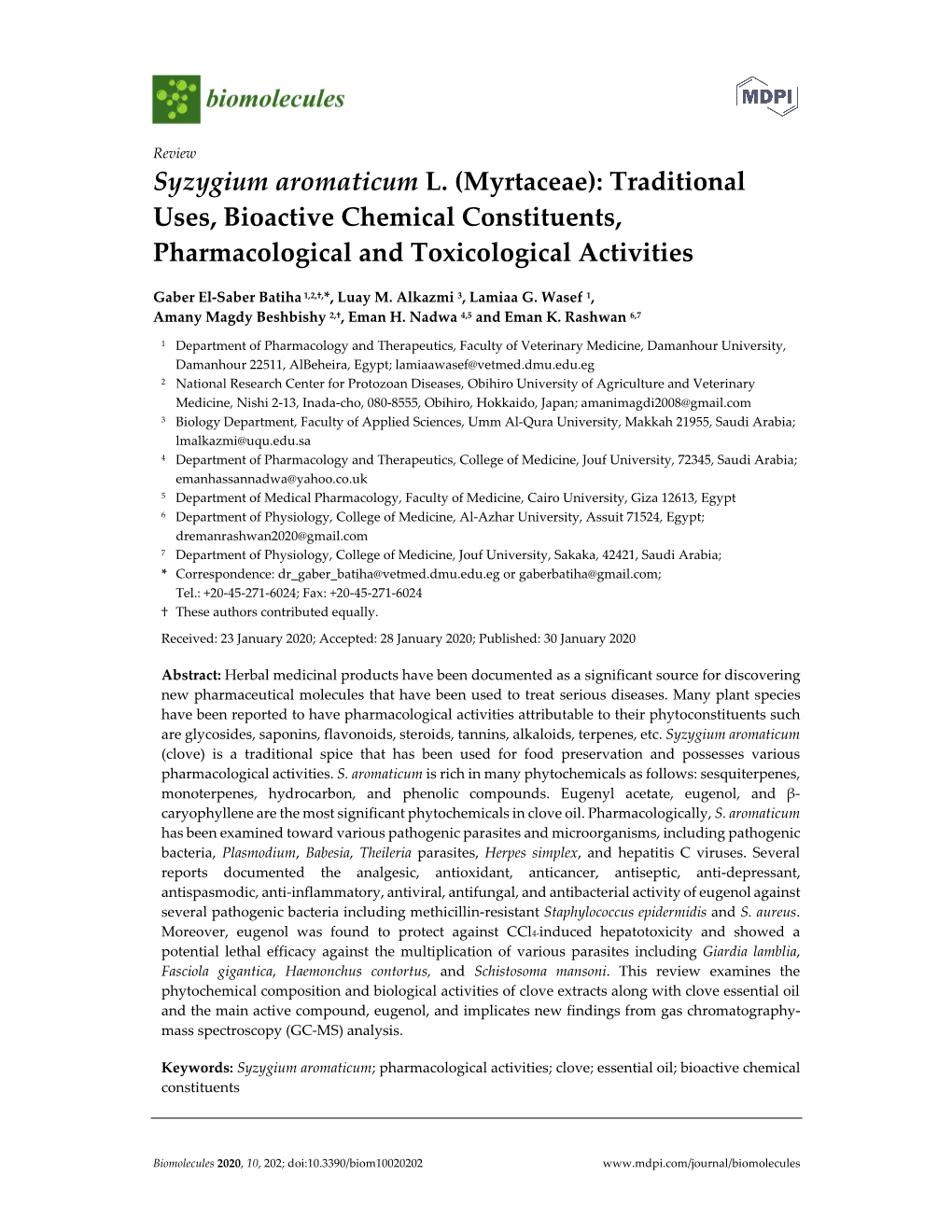 Syzygium Aromaticum L. (Myrtaceae): Traditional Uses, Bioactive Chemical Constituents, Pharmacological and Toxicological Activities