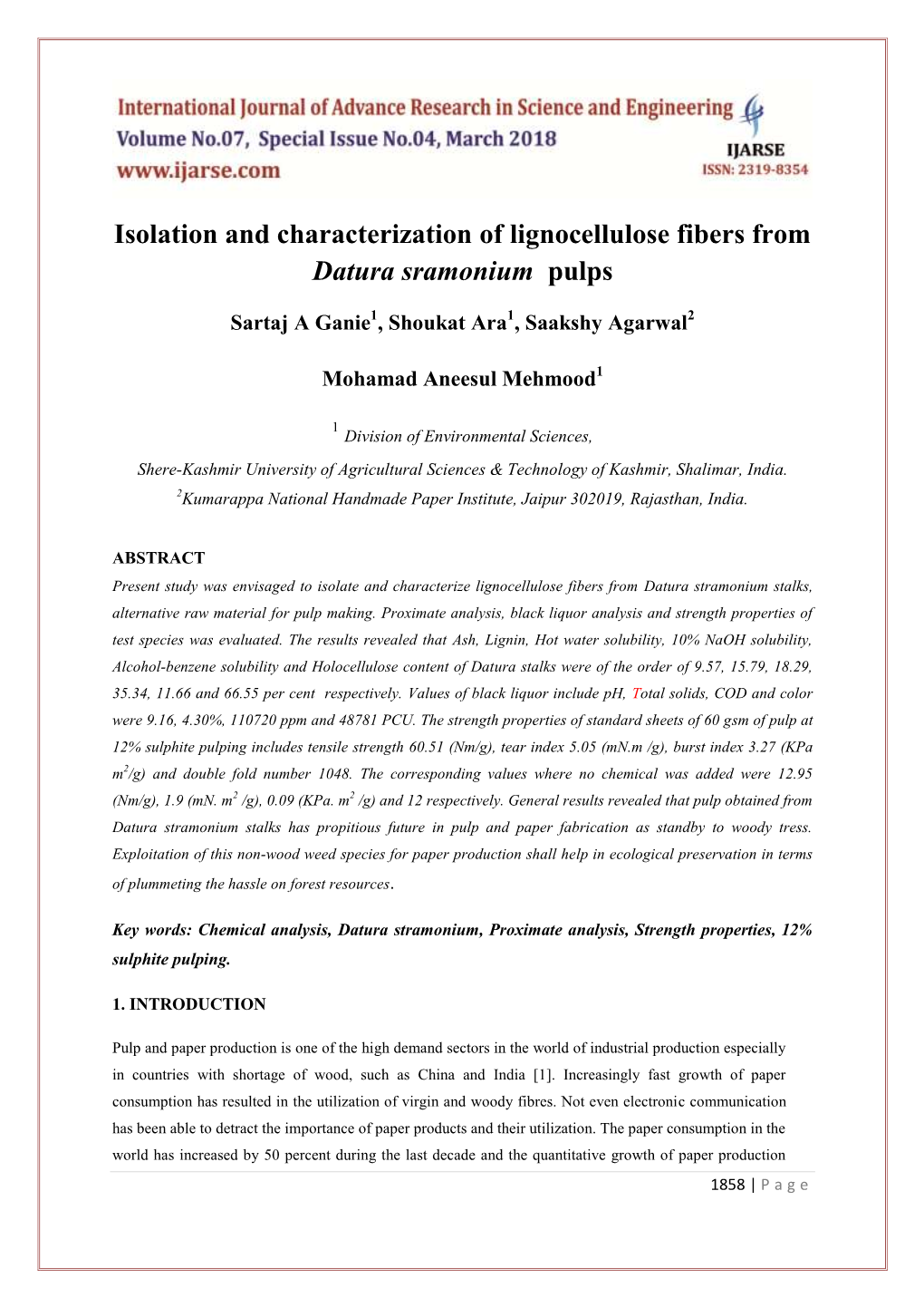 Isolation and Characterization of Lignocellulose Fibers from Datura Sramonium Pulps