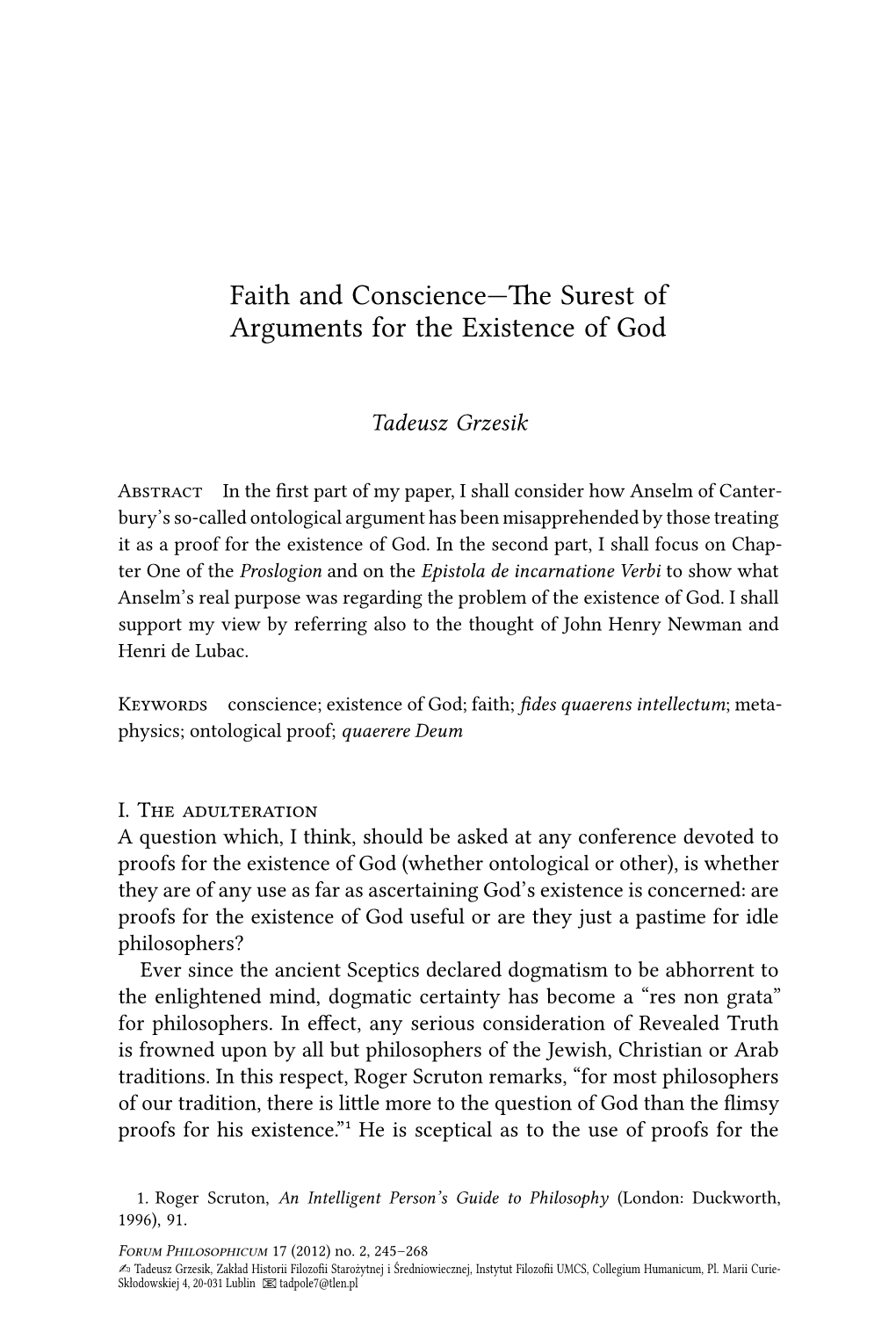 Faith and Conscience— E Surest of Arguments for the Existence Of