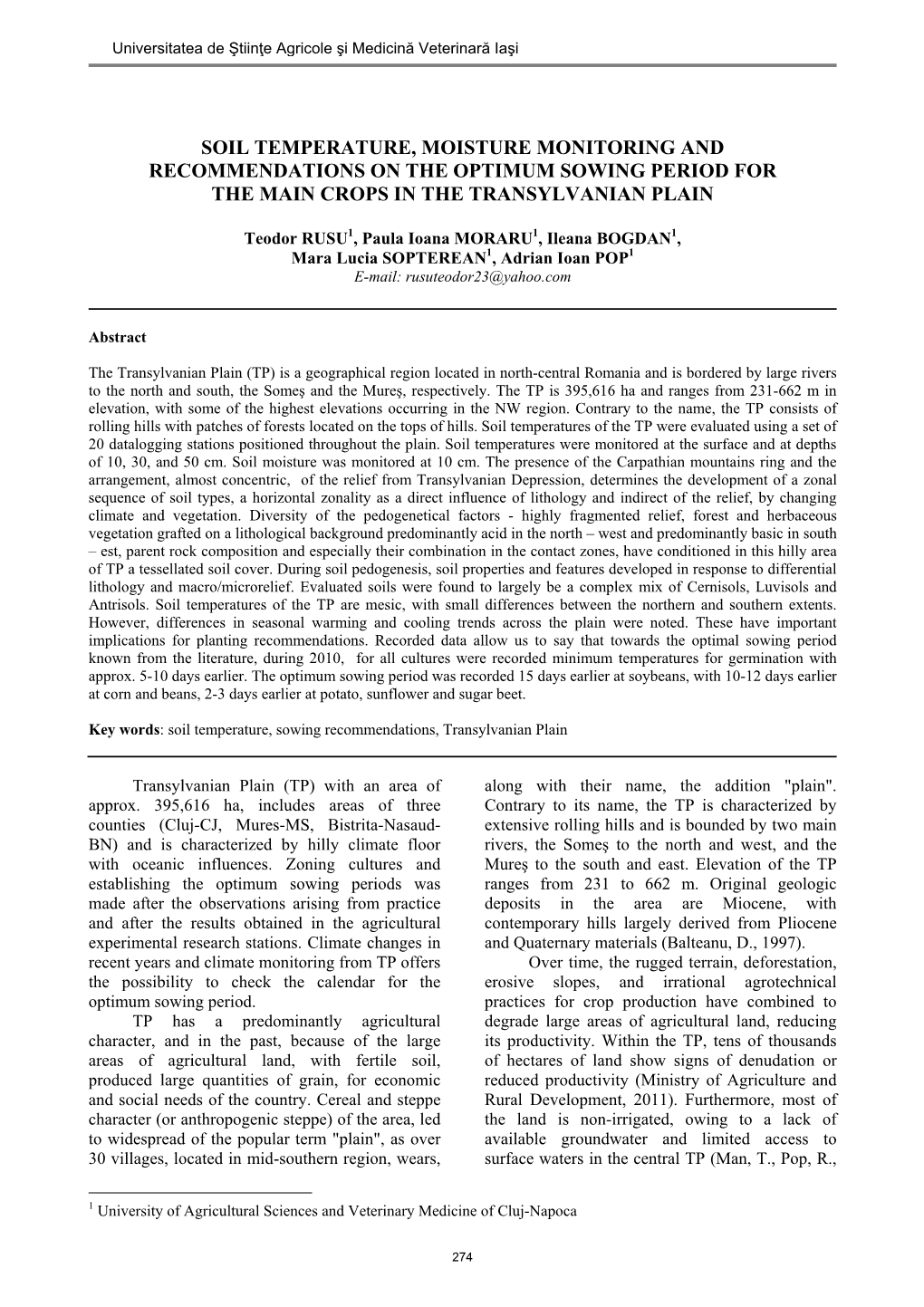 Soil Temperature, Moisture Monitoring and Recommendations on the Optimum Sowing Period for the Main Crops in the Transylvanian Plain