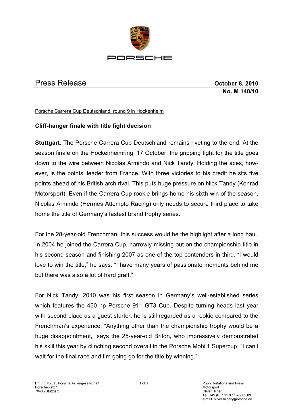 Press Release October 8, 2010 No