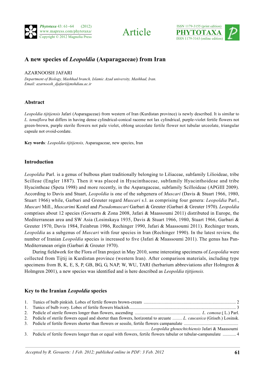 A New Species of Leopoldia (Asparagaceae) from Iran