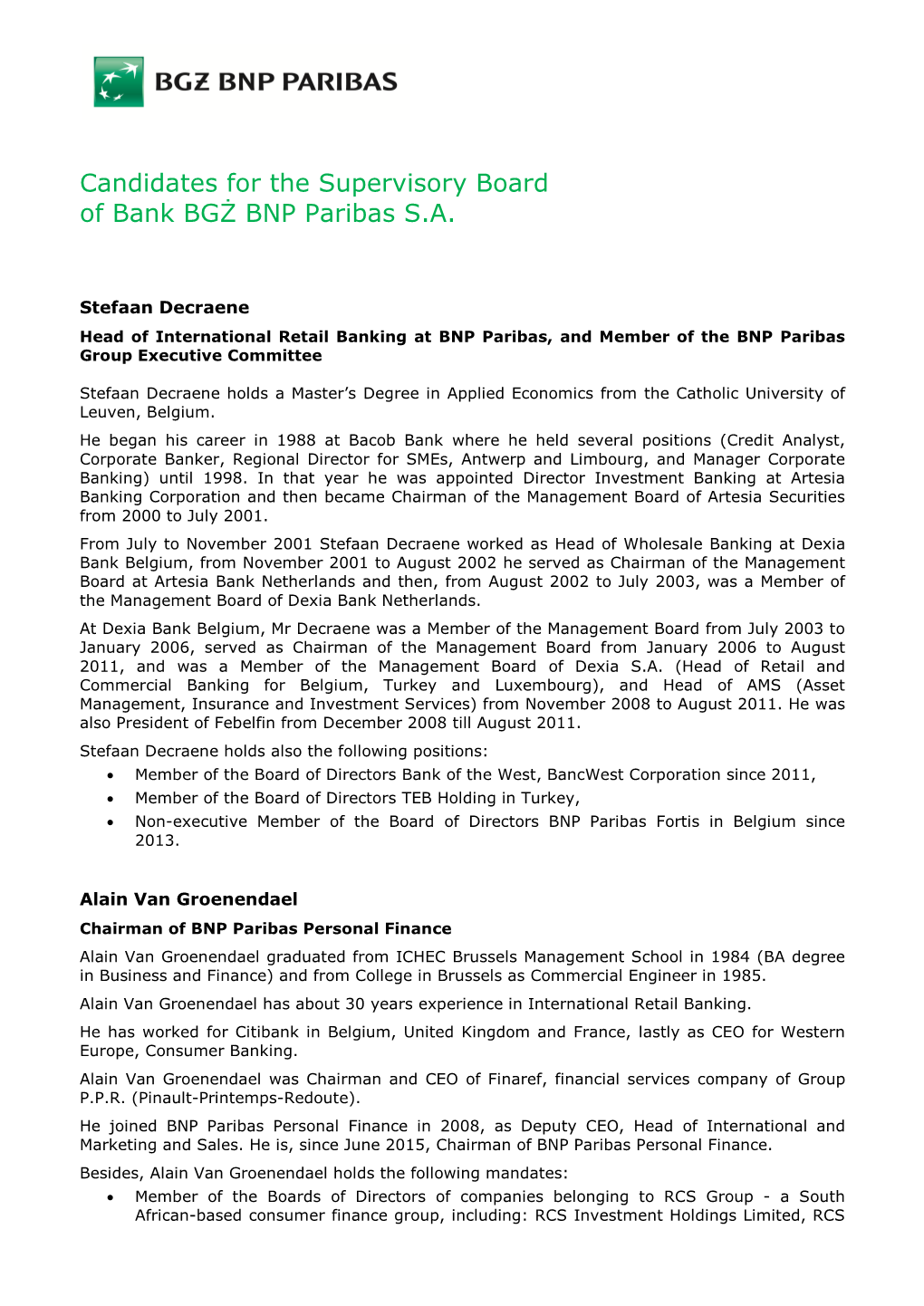 Candidates for the Supervisory Board of Bank BGŻ BNP Paribas S.A